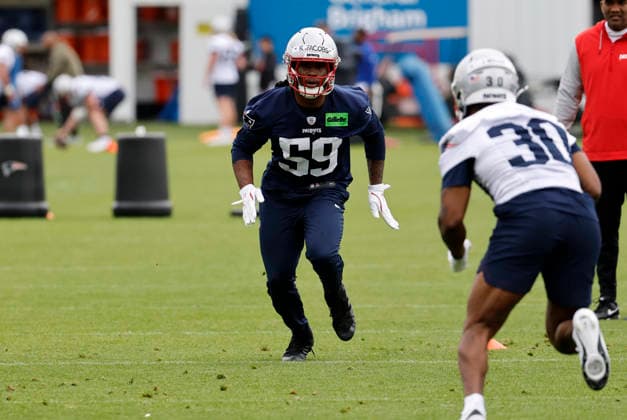 FOXBOROUGH, MA - MAY 09: Khalil Jacobs 59 of the New England Patriots during New England Patriots rookie camp on May 9, 2026, at Gillette Stadium in Foxborough, Massachusetts. (Photo by Fred Kfoury III Icon Sportswire) NFL, American Football Herren, USA MAY 09 New England Patriots Workout EDITORIAL USE ONLY Icon482260509091