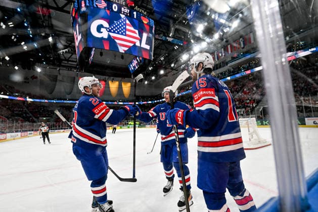 ZURICH, SWITZERLAND - MAY 20: Isaac Howard of United States C) celebrates his goal with Alex Steeves of United States L) and Tommy Novak of United States R) during the 2026 IIHF Ice hockey, Eishockey World Championship, WM, Weltmeisterschaft Switzerland game between USA and Germany at Swiss Life Arena on May 20, 2026 in Zurich, Zurich. Zurich Swiss Life Arena Zurich Switzerland Copyright: xJustPictures.ch AndreaxBrancax jp-en-EuSpIm-JP7_ANB_USA_Ger_20052026_7687