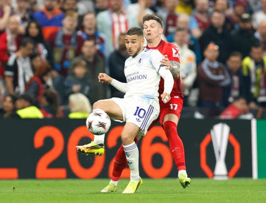 Istanbul, Turkey, 20th May 2026. Lukas Kubler of SC Freiburg tackles Emiliano Buendia of Aston Villa during the SC Freiburg vs Aston Villa UEFA Europa League Final match at Besiktas Park, Istanbul. Picture credit should read: Cody Froggatt Sportimage EDITORIAL USE ONLY. No use with unauthorised audio, video, data, fixture lists, club league logos or live services. Online in-match use limited to 120 images, no video emulation. No use in betting, games or single club league player publications. SPI_060_CF_Frieburg_Aston_Villa SPI-4796-0090