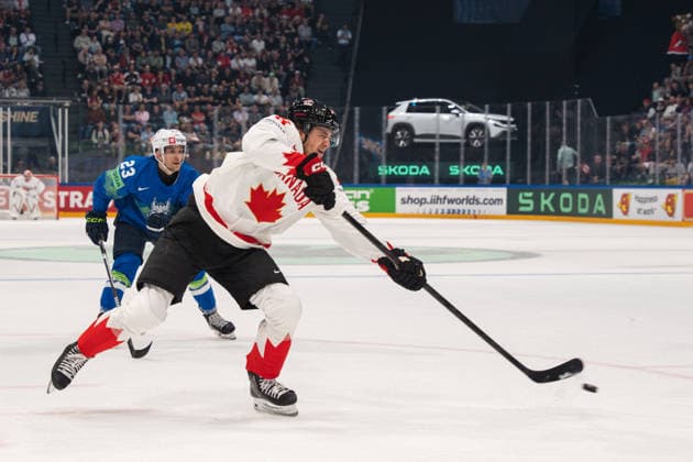 FRIBOURG, FRIBOURG - MAY 22: Emmitt Finnie of Canada during the 2026 IIHF World Championship, WM, Weltmeisterschaft Preliminary Round Group B match between Canada and Slovenia at BCF Arena on May 22, 2026 in Fribourg, Fribourg, Switzerland. Copyright: xLivioxBaeriswylx xSPPx Sportspressphoto_SPR151823