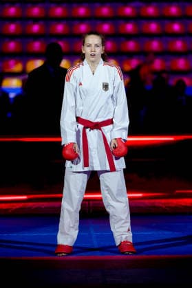 Deutschland: EKF Karate Europameisterschaft Seniors 2026 - Eissporthalle, Frankfurt: Riedel Hannah (GER, Rot) verliert im Kampf um die Bronze Medaille gegen Sieliemienieva Elina (UKR, Blau) in der Kategorie Female Kumite -68 Kg Frankfurt am Main Eissporthalle Frankfurt Hessen Deutschland Copyright: xKjetilxWaberx