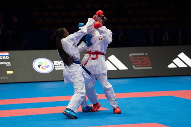 23.05.2026, xhfmx, Karate EKF Senior Championships 2026, S. Becirovic (Kroatien) im Kampf gegen T. Sombe (Frankreich (DFL DFB REGULATIONS PROHIBIT ANY USE OF PHOTOGRAPHS as IMAGE SEQUENCES and or QUASI-VIDEO) Frankfurt