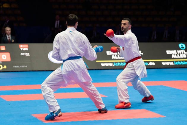 23.05.2026, xhfmx, Karate EKF Senior Championships 2026, Ugur Aktas (Türkei) im Kampf gegen Matteo Avanziani (Italien) (DFL DFB REGULATIONS PROHIBIT ANY USE OF PHOTOGRAPHS as IMAGE SEQUENCES and or QUASI-VIDEO) Frankfurt