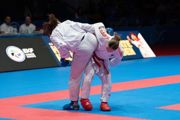 23.05.2026, xhfmx, Karate EKF Senior Championships 2026, Clemence Pea (Frankreic) im Duell mit Zala Maria Zibret (Slowenien) (DFL DFB REGULATIONS PROHIBIT ANY USE OF PHOTOGRAPHS as IMAGE SEQUENCES and or QUASI-VIDEO) Frankfurt