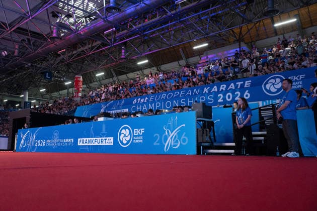 23.05.2026, xhfmx, Karate EKF Senior Championships 2026, Banner mit Logos (DFL DFB REGULATIONS PROHIBIT ANY USE OF PHOTOGRAPHS as IMAGE SEQUENCES and or QUASI-VIDEO) Frankfurt