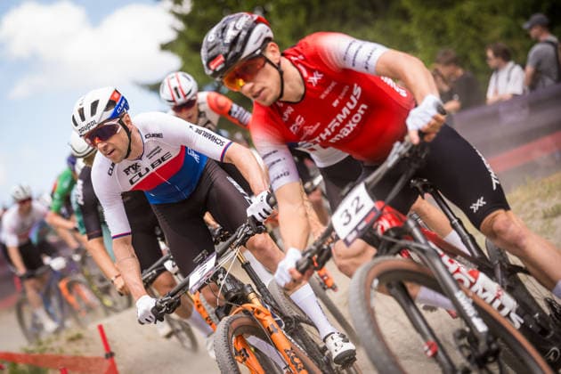 World Cup cross country mountain bike shorttrack men s race, Vysocina Arena, Nove Mesto na Morave, May 23, 2026. Ondrej Cink from the Czech Republic, left. (CTKxPhoto JaroslavxSvoboda) CTKPhotoP2026052303152  CTKPhotoP2026052303152