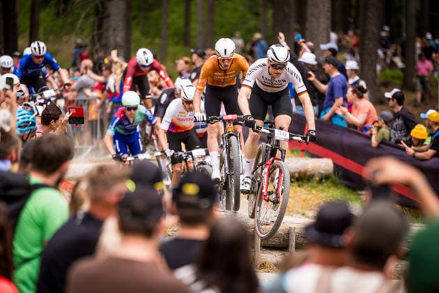 World Cup cross country mountain bike shorttrack men s race, Vysocina Arena, Nove Mesto na Morave, May 23, 2026. Mathis Azzaro from France, left, and Luca Schwarzbauer from Germany. (CTKxPhoto JaroslavxSvoboda) CTKPhotoP2026052303154  CTKPhotoP2026052303154