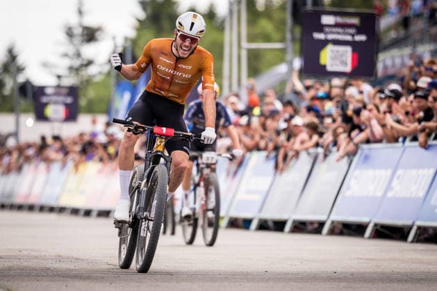 World Cup cross country mountain bike shorttrack men s race, Vysocina Arena, Nove Mesto na Morave, May 23, 2026. Winner Mathis Azzaro from France at the finnish line (CTKxPhoto JaroslavxSvoboda) CTKPhotoP2026052303158  CTKPhotoP2026052303158