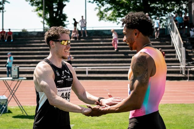 Kevin Kranz (Sprintteam Wetzlar, 446, 100m Maenner), Joshua Hartmann (ASV Koeln e.V., 2, 100m Maenner), GER, Leichtathletik, Athletics, Kurpfalz Gala, Weinheim, 23.05.2026, GER, Leichtathletik, Athletics, Kurpfalz Gala, Weinheim, 23.05.2026 Weinheim Copyright: xStefanxMayerx EP_SMR