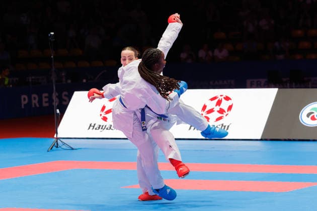 Sadea Becirovic (CRO, rot) gegen Thalya Sombe (FRA, blau) im Finale Frauen -68, 23.05.2026, Frankfurt am Main (Deutschland), 61. Karate-Europameisterschaften 2026 Frankfurt Main