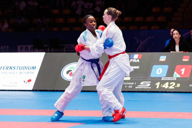 Sadea Becirovic (CRO, rot) gegen Thalya Sombe (FRA, blau) im Finale Frauen -68, 23.05.2026, Frankfurt am Main (Deutschland), 61. Karate-Europameisterschaften 2026 Frankfurt Main