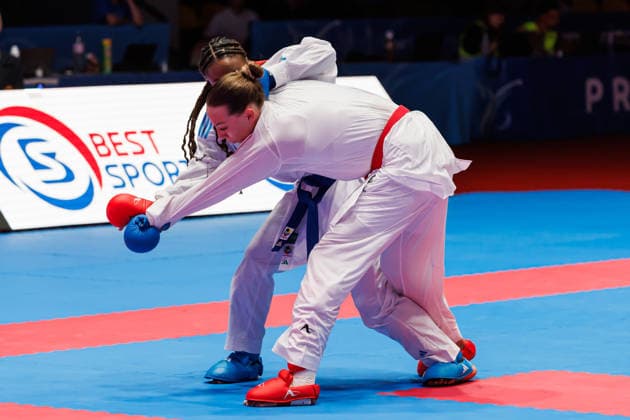 Sadea Becirovic (CRO, rot) gegen Thalya Sombe (FRA, blau) im Finale Frauen -68, 23.05.2026, Frankfurt am Main (Deutschland), 61. Karate-Europameisterschaften 2026 Frankfurt Main