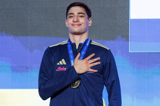 Siegerehrung Männer Kumite 84+; Matteo Avanzini (ITA); Sieger, Erstplatzierter, Goldmedaille, 23.05.2026, Frankfurt am Main (Deutschland), 61. Karate-Europameisterschaften 2026 Frankfurt Main