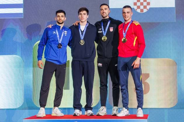 Siegerehrung Männer Kumite -84; von links: Konstantinos Mastrogiannis (GRE), Eduard Gasparian (RUS), Ivan Kvesic (CRO), Nemanja Mikulic (MNE), 23.05.2026, Frankfurt am Main (Deutschland), 61. Karate-Europameisterschaften 2026 Frankfurt Main