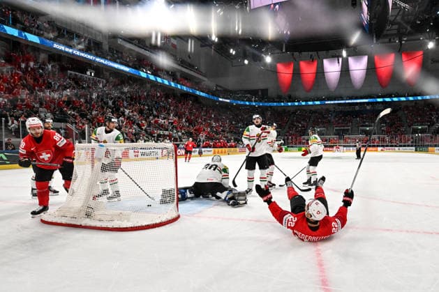ZURICH, SWITZERLAND - MAY 23: Nino Niederreiter of Switzerland celebrates a goal that will be later disallowed during the 2026 IIHF Ice hockey, Eishockey World Championship, WM, Weltmeisterschaft Switzerland game between Switzerland and Hungary at Swiss Life Arena on May 23, 2026 in Zurich, Zurich. Zurich Swiss Life Arena Zurich Switzerland Copyright: xJustPictures.ch AndreaxBrancax jp-en-EuSpIm-JP7_ANB_Sui_Hung_23052026_1224