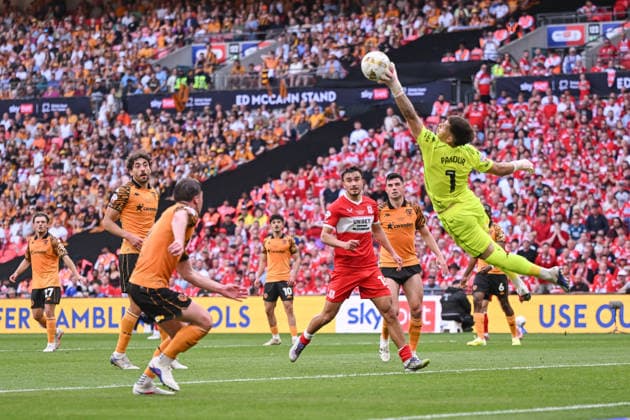 Hull City v Middlesbrough Sky Bet Championship Hull City goalkeeper Ivor Pandur makes a save during the Sky Bet Championship Play-Off Final between Hull City and Middlesbrough at Wembley Stadium, London. 23 05 2026 UK Newspapers OUT Copyright: xFocusxImagesx FIL-23464-0395