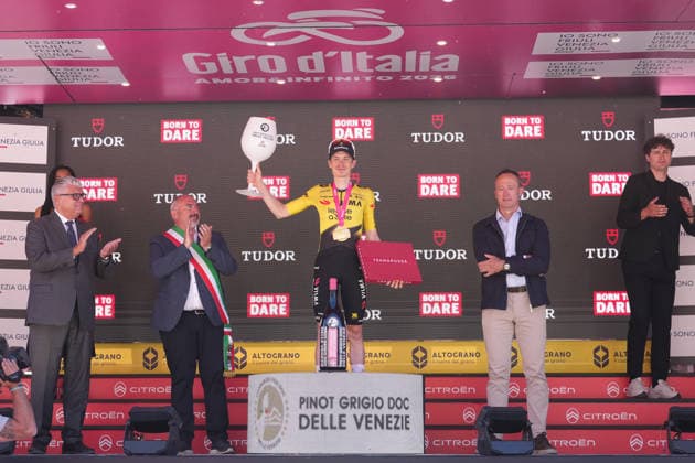Denmark™s Jonas Vingegaard Hansen of Team Visma Lease A Bike stage winner celebrate on the podium after the Stage 14 of the Giro d™Italia, from Aosta to Pila, Italy, Saturday, May 23, 2026.  Copyright: xGianxMattiaxD™Alberto LaPressex