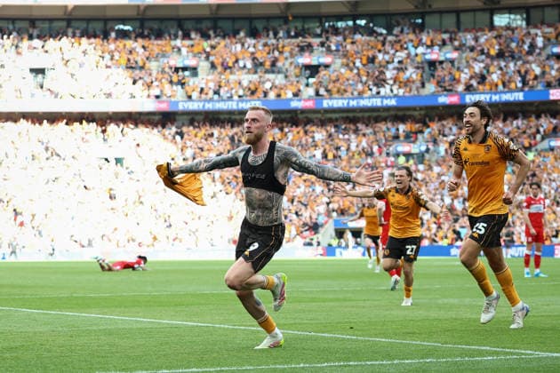 Hull City v Middlesbrough, Sky Bet Championship Play-Off Final Oliver McBurnie of Hull City scores and celebrates during the Hull City v Middlesbrough Sky Bet Championship Play-Off Final at Wembley Stadium, London, England on 23 May 2026 Credit: Ian Stephen Every Second Media Editorial use only. All images are copyright Every Second Media Limited. No images may be reproduced without prior permission. All rights reserved. Premier League and Football League images are subject to licensing agreements with Football DataCo Limited. see https: www.football-dataco.com Copyright: xIMAGO EveryxSecondxMediax ESM-2010-0055 IanxStephenx xEveryxSecondxMediax
