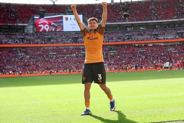 Ryan Giles of Hull City celebrates at the end of the match Hull City v Middlesbrough, EFL Sky Bet Championship, Play-Off Final, Football, Wembley Stadium, London, UK - 23 May 2026London Wembley Stadium United Kingdom EDITORIAL USE ONLY No use with unauthorised audio, video, data, fixture lists, club league logos or live services. Online in-match use limited to 120 images, no video emulation. No use in betting, games or single club league player publications.  Copyright: xAndrewxFosker Shutterstockx 16887370de