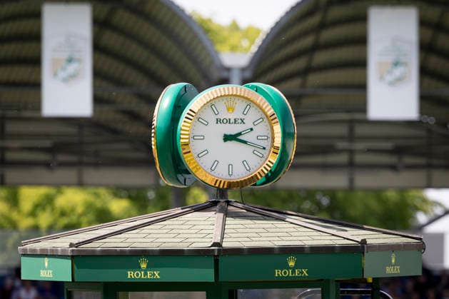 Eine grosse Rolex Uhr vor dem Springen S5: 2nd Qualifier Rolex Grand Prix, Springpruefung mit einem Umlaeuf und Stechen, CSI5*, Rolex Grand Slam, am 23.05.2026, Weltfest des Pferdesport, TSCHIO Aachen 2026 vom 22. - 24.05.2026 in Aachen Deutschland; Â