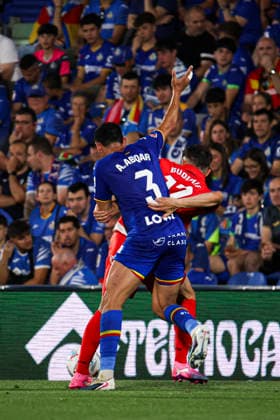 Getafe vs. Osasuna, on the 38th matchday of the 2025 26 Spanish First Division May 23, 2026, Getafe, Madrid, Spain: Budimir and Adqar fight for the ball during the Spanish championship LaLiga football match between Getafe and Osasuna on 23 May 2026 at Estadio El Coliseum in Getafe, Madrid, Spain. Madrid Madrid Spain Copyright: xAlejandroxMatiasx