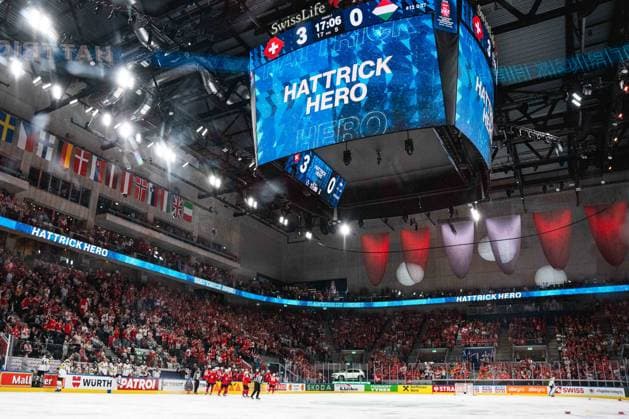 ZURICH, ZURICH - MAY 23: A Hat Trick Hero graphic is displayed on the arena videoboard following Roman Josi?s hat trick during the 2026 IIHF World Championship, WM, Weltmeisterschaft Preliminary Round Group A match between Switzerland and Hungary at Swiss Life Arena on May 23, 2026 in Zurich, Zurich, Switzerland. Copyright: xLivioxBaeriswylx xSPPx Sportspressphoto_152918