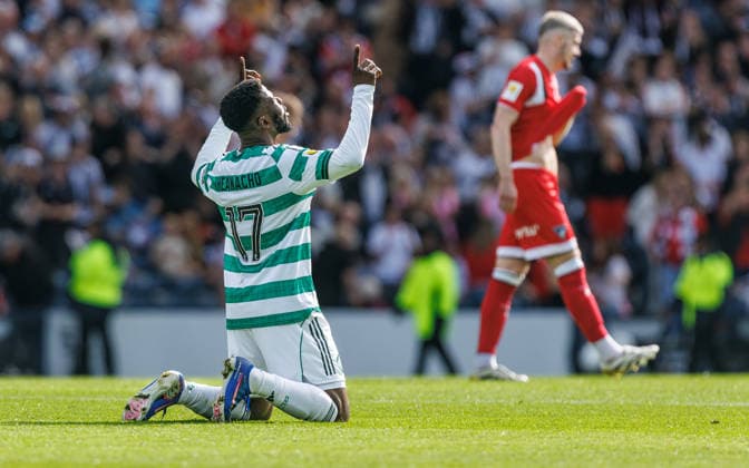 RECORD DATE NOT STATED 23rd May 2026; Hampden Park, Glasgow, Scotland; Scottish Cup Final Football, Celtic versus Dunfermline; Kelechi Iheanacho of Celtic celebrates victory in the Scottish Cup Final WMxSportsxMedia