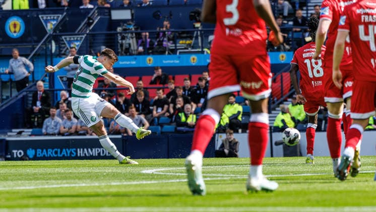RECORD DATE NOT STATED 23rd May 2026; Hampden Park, Glasgow, Scotland; Scottish Cup Final Football, Celtic versus Dunfermline; Kieran Tierney of Celtic having a shot at goal WMxSportsxMedia