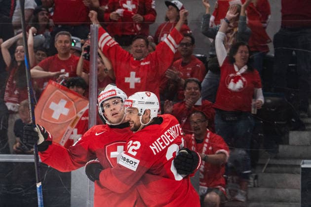ZURICH, ZURICH - MAY 23: Calvin Thürkauf and Nino Niederreiter of Switzerland celebrate during the 2026 IIHF World Championship, WM, Weltmeisterschaft Preliminary Round Group A match between Switzerland and Hungary at Swiss Life Arena on May 23, 2026 in Zurich, Zurich, Switzerland. Copyright: xLivioxBaeriswylx xSPPx Sportspressphoto_152956