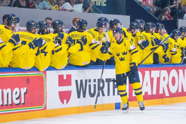 FRIBOURG, SWITZERLAND - MAY 23: Lucas Raymond of Sweden celebrates his goal during the 2026 IIHF Ice hockey, Eishockey World Championship, WM, Weltmeisterschaft Switzerland game between Norway and Sweden at BCF Arena on May 23, 2026 in Fribourg, Fribourg. Fribourg BCF Arena Fribourg Switzerland Copyright: xJustPictures.ch JarixPestelaccix jp-en-EuSpIm-JP6_JAR_Norway_Sweden_23May2026_00096