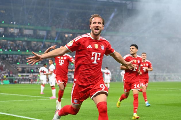 Torjubel Harry KANE (Bayern Muenchen), nach Tor zum 1-0, Jubel,Freude,Begeisterung,Aktion. Fussball 83. DFB Pokal Finale 2026 FC Bayern Muenchen - VfB Stuttgart 3-0 am 23.05.2026, Olympiastadion in Berlin. DFL DFB regulations prohibit any use of photographs as image sequences and or quasi-video