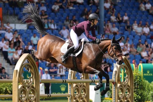 Janika Sprunger (SUI) mit Pferd Victory Music Z, 1. Platz, Siegerin, S9 - Preis des Handwerks, Youngster-Tour Finale, CSIYH1* - Springprüfung mit Stechen für junge Pferde , Weltfest des Pferdesports, World Equestrian Festival, TSCHIO Aachen 2026, TSCHIO statt CHIO 2026, Aachener Soers, 22. bis 24. Mai 2026, Reitsport, 24.05.2026, Aachen Aachener Soers Deutschland