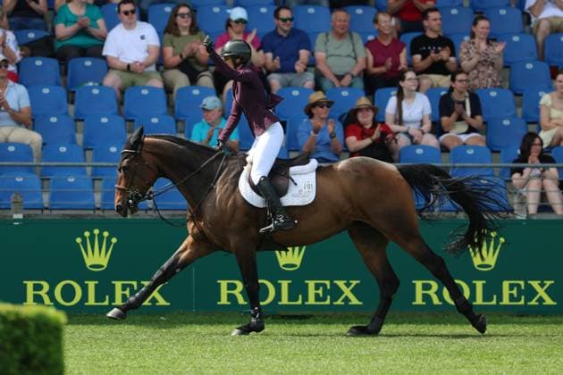 Janika Sprunger (SUI) mit Pferd Victory Music Z, Jubel, Jubelfaust, Siegerfaust, Emotion, 1. Platz, Siegerin, S9 - Preis des Handwerks, Youngster-Tour Finale, CSIYH1* - Springprüfung mit Stechen für junge Pferde , Weltfest des Pferdesports, World Equestrian Festival, TSCHIO Aachen 2026, TSCHIO statt CHIO 2026, Aachener Soers, 22. bis 24. Mai 2026, Reitsport, 24.05.2026, Aachen Aachener Soers Deutschland