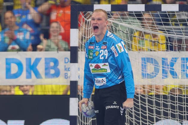 24.05.2026, xtgx, Handball, Daikin HBL, Rhein Neckar Löwen - SC Magdeburg v.l. David Spaeth (Rhein-Neckar Loewen, 29) Jubelt ueber gehaltenen Ball, abgewehrt, gehalten, Torhueter Mannheim