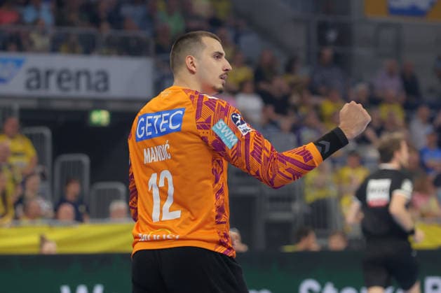 24.05.2026, xtgx, Handball, Daikin HBL, Rhein Neckar Löwen - SC Magdeburg v.l. Matej Mandic (Magdeburg, 12) Jubelt ueber gehaltenen Ball, abgewehrt, gehalten, Torhueter Mannheim