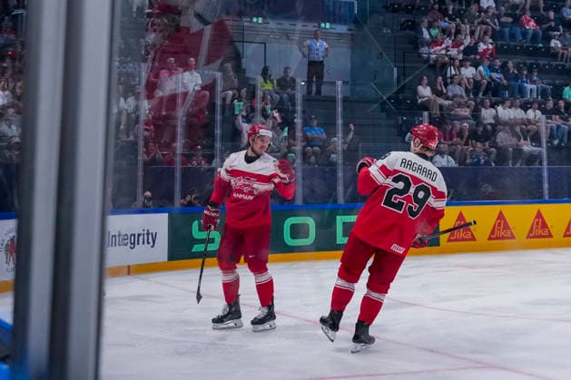 FRIBOURG, SWITZERLAND - MAY 24: Mikkel Aagaard of Denmark R) celebrates his goal during the 2026 IIHF Ice hockey, Eishockey World Championship, WM, Weltmeisterschaft Switzerland game between Denmark and Italy at BCF Arena on May 24, 2026 in Fribourg, Fribourg. Fribourg BCF Arena Fribourg Switzerland Copyright: xJustPictures.ch JarixPestelaccix jp-en-EuSpIm-JP6_JAR_Denmark_Italy_24May2026_00009