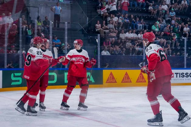 FRIBOURG, SWITZERLAND - MAY 24: Denmark celebrates his 2-0 during the 2026 IIHF Ice hockey, Eishockey World Championship, WM, Weltmeisterschaft Switzerland game between Denmark and Italy at BCF Arena on May 24, 2026 in Fribourg, Fribourg. Fribourg BCF Arena Fribourg Switzerland Copyright: xJustPictures.ch JarixPestelaccix jp-en-EuSpIm-JP6_JAR_Denmark_Italy_24May2026_00013
