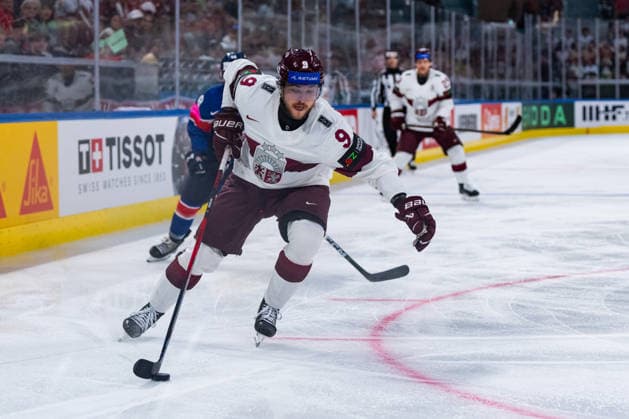 ZURICH, SWITZERLAND - MAY 24: Renars Krastenbergs (Latvia, 9) during build-up play during the Preliminary Round - Group A Match 43 between Great Britain and Latvia at the IIHF Ice hockey, Eishockey World Championship, WM, Weltmeisterschaft 2026, Swiss Life Arena on May 24, 2026 in Zurich, Switzerland. Zurich Switzerland Copyright: xTimoxSteinx
