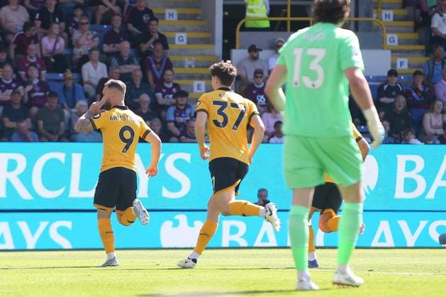 Adam Armstrong of Wolves celebrates scoring their sides first goal Burnley v Wolverhampton Wanderers, Premier League, Football, Turf Moor, Burnley, UK - 24 May 2026Burnley Turf Moor United Kingdom EDITORIAL USE ONLY No use with unauthorised audio, video, data, fixture lists, club league logos or live services. Online in-match use limited to 120 images, no video emulation. No use in betting, games or single club league player publications. Copyright: xPhilxOldham Shutterstockx 16889832g