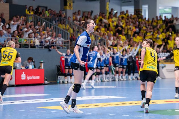 HSG Blomberg-Lippe (GER) vs. Borussia Dortmund (GER) Handball, 1. Handball Bundesliga Frauen, Finale, Spiel 2, 24.5.2026, Saision 2025 2026, Blomberg Andrea Jacobsen (HSG Blomberg-Lippe, 04) jubelt nach einem Tor Blomberg Sporthalle an der Ulmenallee Deutschland