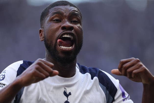 Kevin Danso (TH) celebrates the first Spurs goal (1-0) at the Tottenham Hotspur v Everton EPL match, at the Tottenham Hotspur Stadium, London, UK on 24th May, 2026. 
