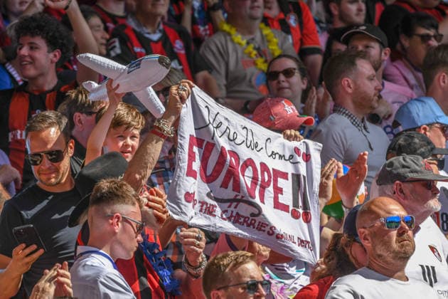 Nottingham Forest v Bournemouth, English Premier League, The City Ground, Nottingham, UK - 24 May 2026 Bournemouth supporters with banner and hopes of European football next season , UK NEWSPAPERS OUT Copyright: xRichardxBowcottx