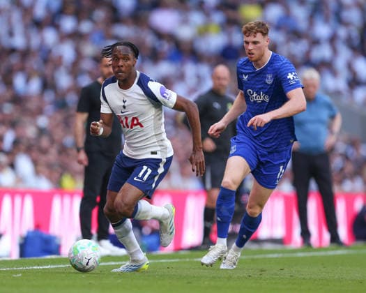 LONDON, ENGLAND - MAY 24: Mathys Tel of Tottenham Hotspur pressured by Jake O Brien of Everton during the Premier League match between Tottenham Hotspur and Everton at Tottenham Hotspur Stadium on May 24, 2026 in London, England. Copyright: xJayxPatel SPPx Sportspressphoto_154079