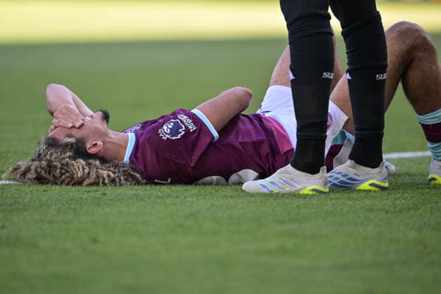 24th May 2026; Turf Moor, Burnley, Lancashire, England; Premier League Football, Burnley versus Wolverhampton Wanderers; Hannibal Mejbri of Burnley lays on the floor awaiting treatment LeexDurkin