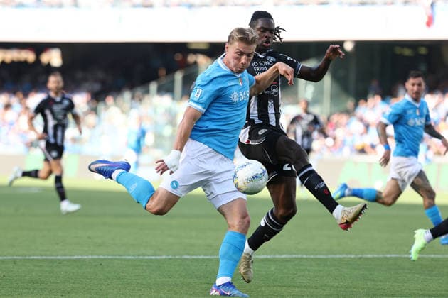 Rasmus Hojlund of SSC Napoli and Oumar Solet of Udinese Calcio compete for the ball during the Serie A 2025 2026 football match between SSC Napoli and Udinese Calcio at Diego Armando Maradona stadium in Naples (Italy), May 24, 2026. cesarexpurini