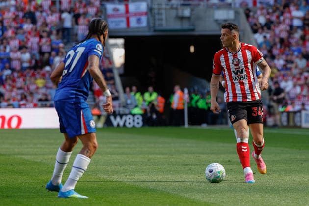 Sunderland v Chelsea, Premier League Granit Xhaka of Sunderland runs at Malo Gusto of Chelsea during the Sunderland v Chelsea Premier League match at the Stadium of Light, Sunderland, England on 24 May 2026 Credit: Craig Cowan Every Second Media Editorial use only. All images are copyright Every Second Media Limited. No images may be reproduced without prior permission. All rights reserved. Premier League and Football League images are subject to licensing agreements with Football DataCo Limited. see https: www.football-dataco.com Copyright: xIMAGO EveryxSecondxMediax ESM-2012-0079 CraigxCowanx xEveryxSecondxMediax