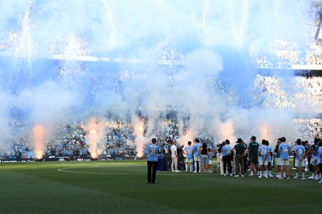 24th May 2026; Etihad Stadium, Manchester, Lancashire, England; Premier League Football, Manchester City versus Aston Villa; pyrotechnics are set off at the end of the presentation for Manchester City manager Pep Guardiola DavidxBlunsden