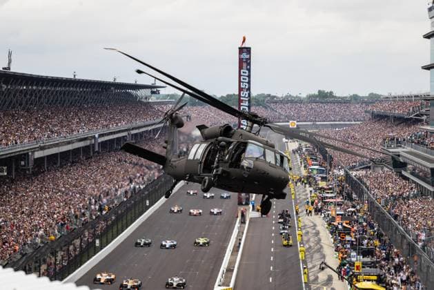 May 24, 2026, Speedway, Indiana, USA: A military flyover is performed just prior to the start of the during the 110th Indianapolis 500 at Indianapolis Motor Speedway. 110th Indianapolis 500  - ZUMAw173 20260524_zsp_w173_009 Copyright: xLukexWelshx