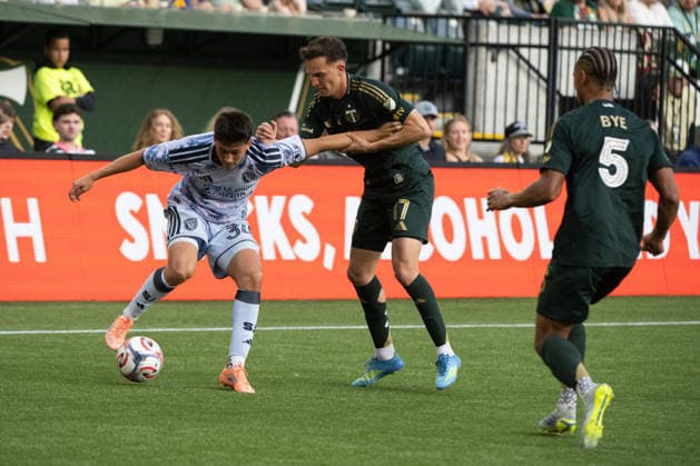 PORTLAND, OR - MAY 23: San JosÃ Earthquakes midfielder Beau Leroux (34) resists the high pressing by Portland Timbers mifielder Kristoffer Velde (99) and right wing back Brandon Bye (5) during the second half of the San JosÃ Earthquakes and the Portland Timbers on May 23, 2026, at Providence Park in Portland, OR. (Photo by Diego Diaz Icon Sportswire) SOCCER: MAY 23 MLS, Fussball Herren, USA Portland Timbers vs San Jose Earthquakes EDITORIAL USE ONLY Icon260523437