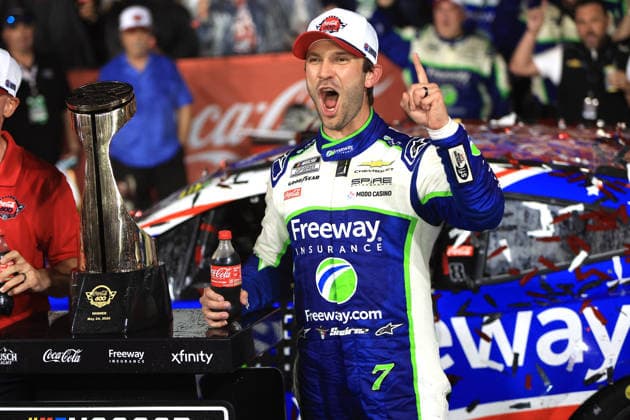 CHARLOTTE, NC - MAY 24: Daniel Suarez ( 7 Spire Motorsports Freeway Insurance Chevrolet) celebrates after winning the NASCAR, Motorsport, USA Cup Series Coca-Cola 600 on May 24, 2026 at Charlotte Motor Speedway in Charlotte, NC. (Photo by Jeff Robinson Icon Sportswire) AUTO: MAY 24 NASCAR Cup Series Coca-Cola 600 EDITORIAL USE ONLY Icon2605248927600